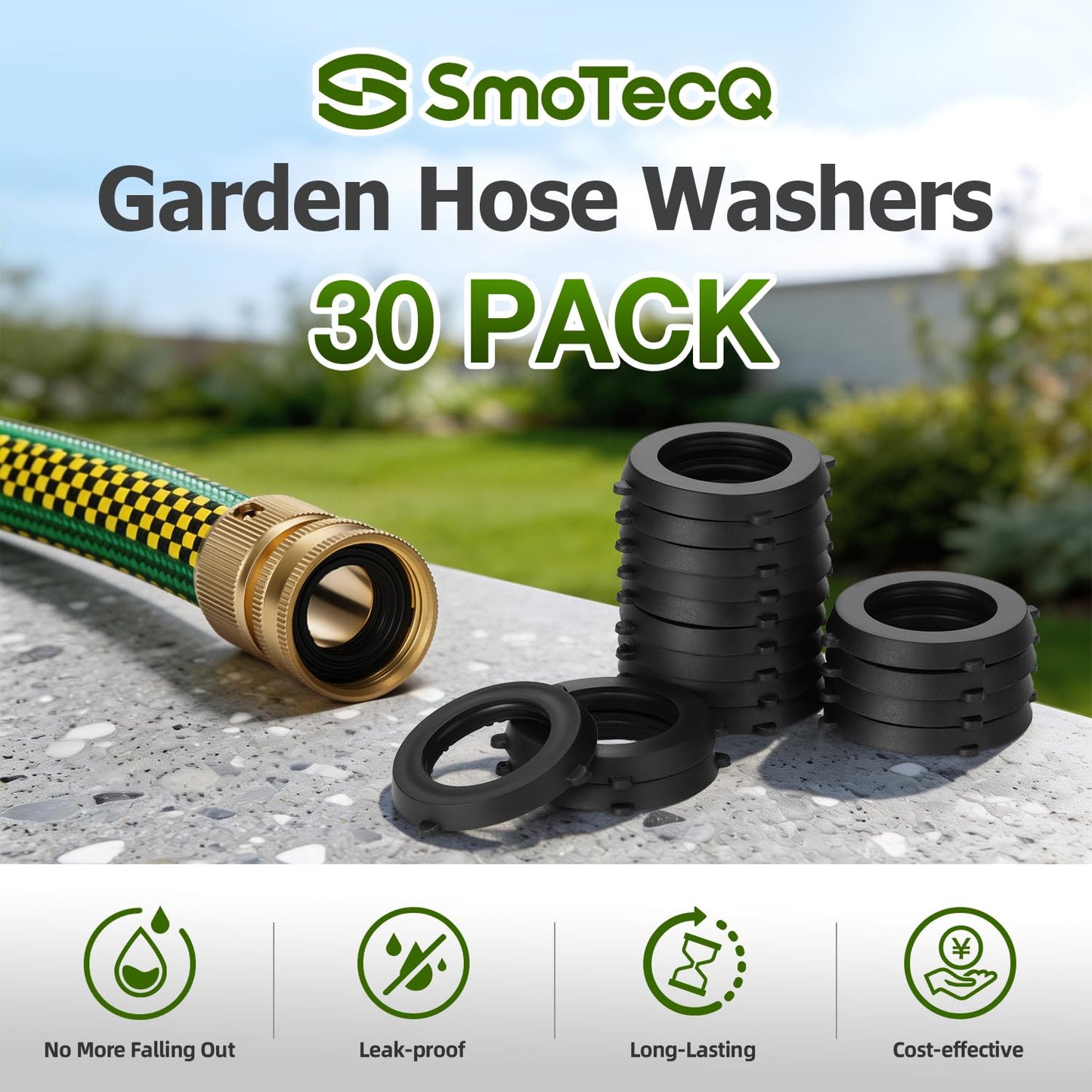 SmoTecQ 30 Pack Garden Hose Washers with Self-Locking Tabs - Heavy Duty Rubber Seals for 3/4" Hose