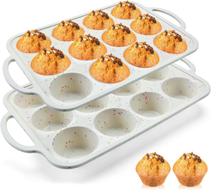 Vinino 2Pack Silicone Muffin Pan for Baking with Metal Reinforced Frame, 12 Cup Regular Size Cupcake Pan, BPA Free Silicone Muffin