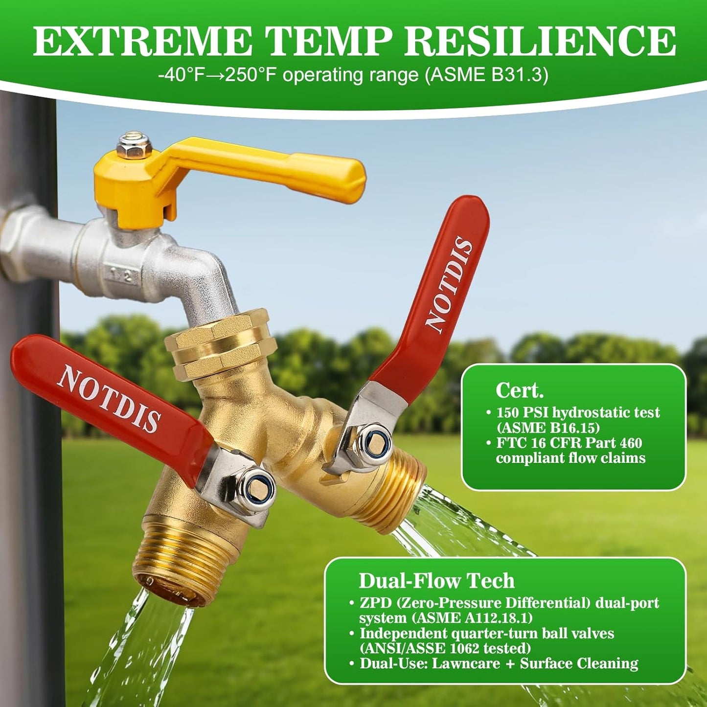 Hose Splitter 2 Way Heavy Duty Brass Garden Hose Splitter with 304 Stainless Steel Long Handle Outdoor Full Flow Hose Splitter