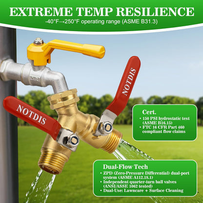 Hose Splitter 2 Way Heavy Duty Brass Garden Hose Splitter with 304 Stainless Steel Long Handle Outdoor Full Flow Hose Splitter