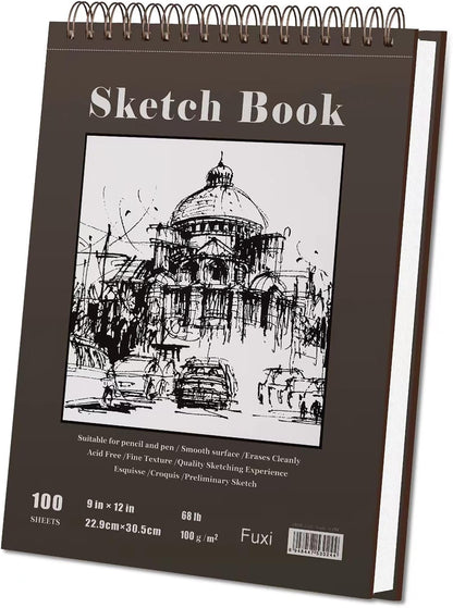 Fuxi 9" x 12" Sketch Book, Top Spiral Bound Sketch Pad, 100 Sheets 68lb/100gsm Acid-Free Drawing