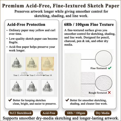 Fuxi 9" x 12" Sketch Book, Top Spiral Bound Sketch Pad, 100 Sheets 68lb/100gsm Acid-Free Drawing