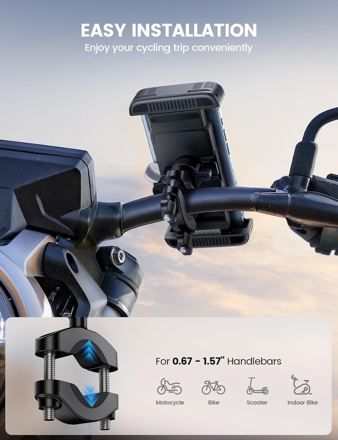 Lamicall Bike Motorcycle Phone Mount - [1s Quick Lock] Bike Cell Phone Holder Clip, Bicycle Scooter Handlebar Clamp, for iPhone Air, 17 16 15 Pro