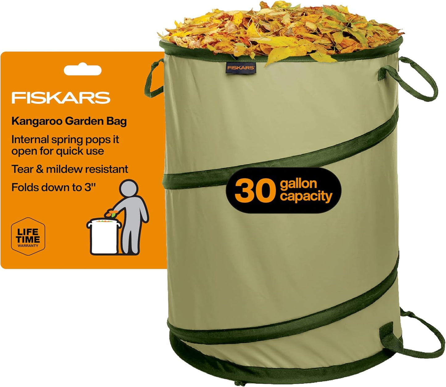 Fiskars Kangaroo Collapsible Spring Up Garden Bag for Yard Waste, Grass, Branches & Weeds, Tear & Mildew Resistant Vinyl-Coated