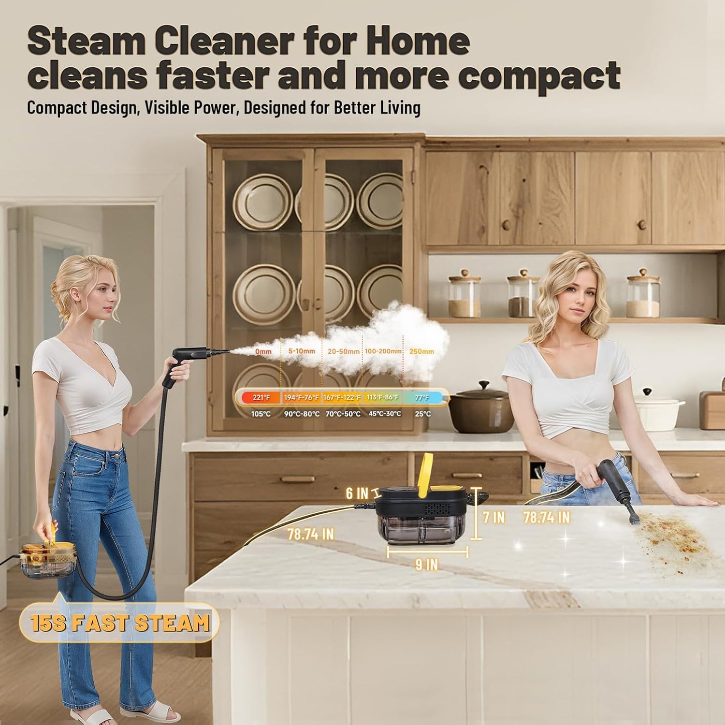 Gautye Steam Cleaner, 3 Level Adjustable Handle, 15s Heat Up, 1.69 Quarts Tank, Portable Steamer for Cleaning with 15 pcs