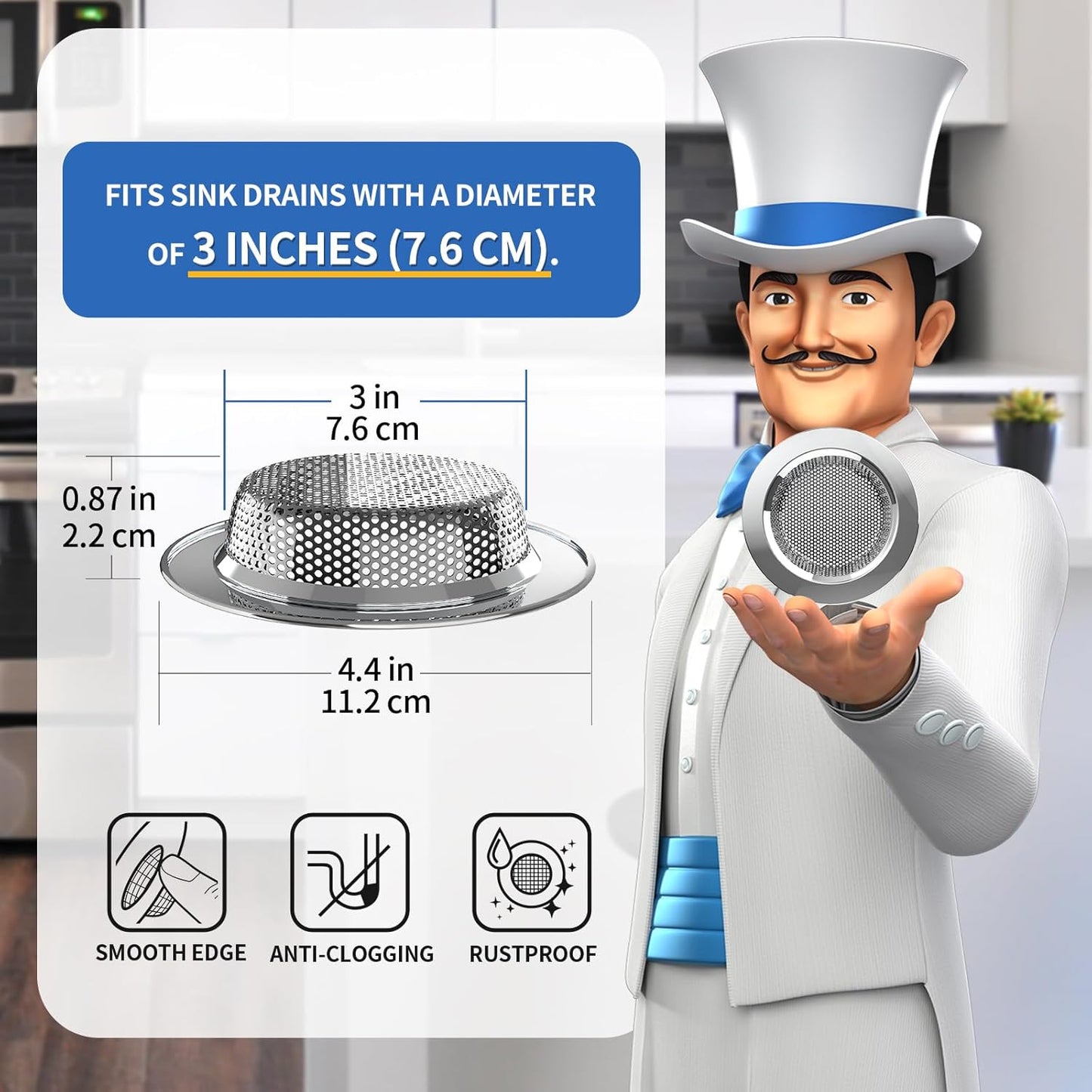 MR.SIGA Kitchen Sink Strainer, Stainless Steel Sink Drain Strainer, Dishwasher Safe, Outer Diameter 4.4 inch/11.2cm, Inner Diameter 3