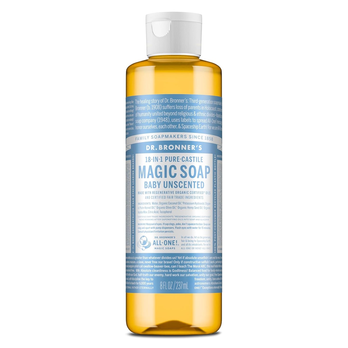 Dr. Bronner's Pure-Castile Magic Liquid Soap (Baby Unscented, 8 Ounce)- Made with Regenerative Organic Certified Oils, For Face, Body Wash, Baby