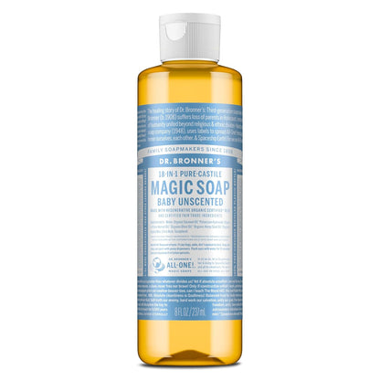 Dr. Bronner's Pure-Castile Magic Liquid Soap (Baby Unscented, 8 Ounce)- Made with Regenerative Organic Certified Oils, For Face, Body Wash, Baby