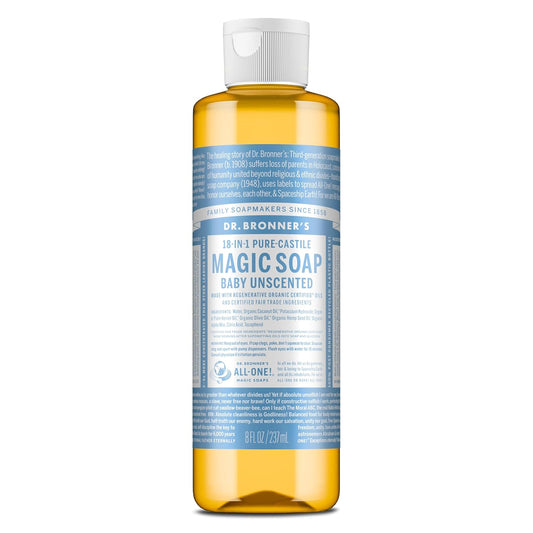 Dr. Bronner's Pure-Castile Magic Liquid Soap (Baby Unscented, 8 Ounce)- Made with Regenerative Organic Certified Oils, For Face, Body Wash, Baby