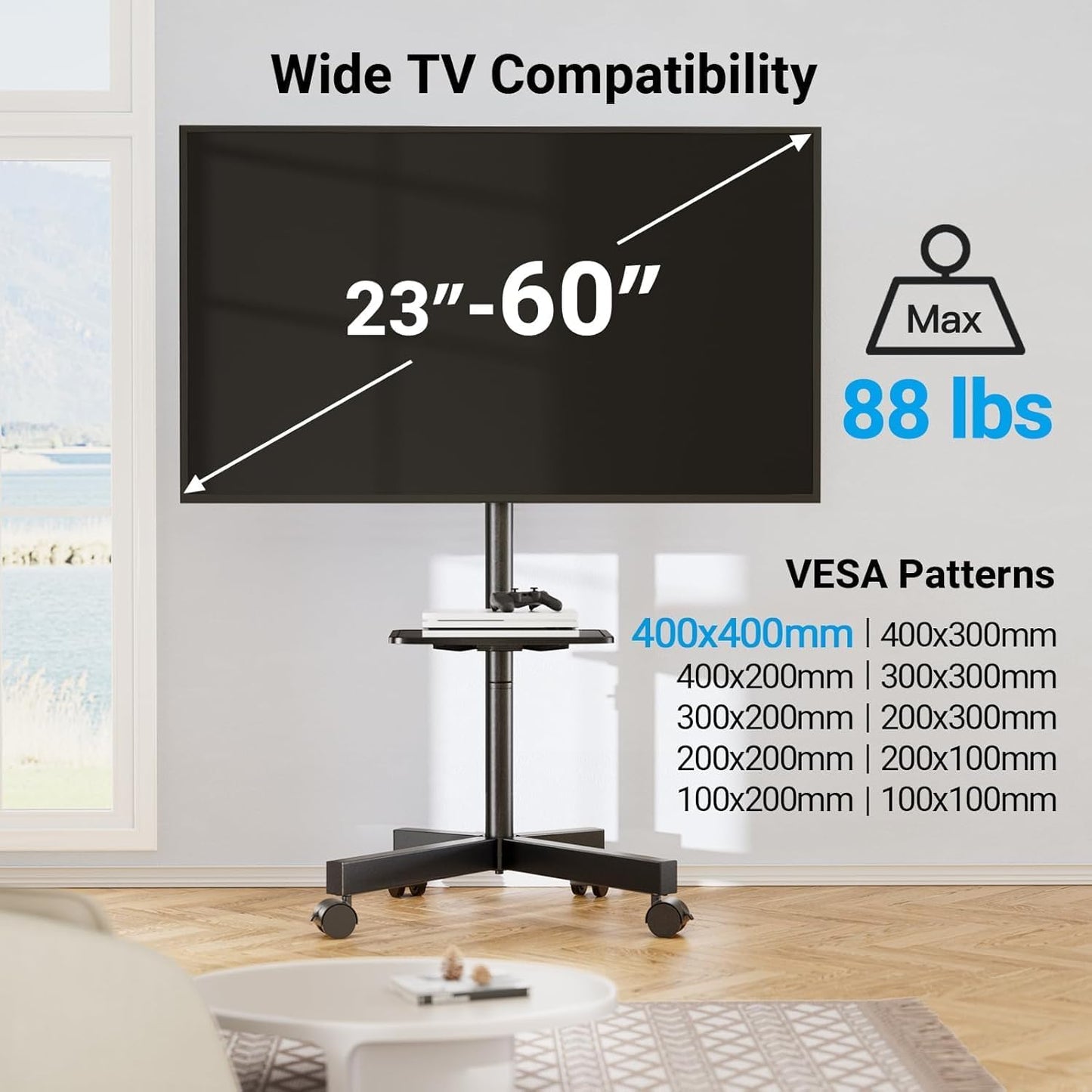 PERLESMITH Rolling TV Stand, Mobile TV Stand for 23-60 Inch LCD LED TVs, Tilt TV Stand Wheels Holds up to