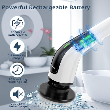 Bomves Electric Spin Scrubber, Cordless Cleaning Brush Scrubber for Home, 8 Replaceable Brush Heads-90Mins Work Time, 3 Adjustable