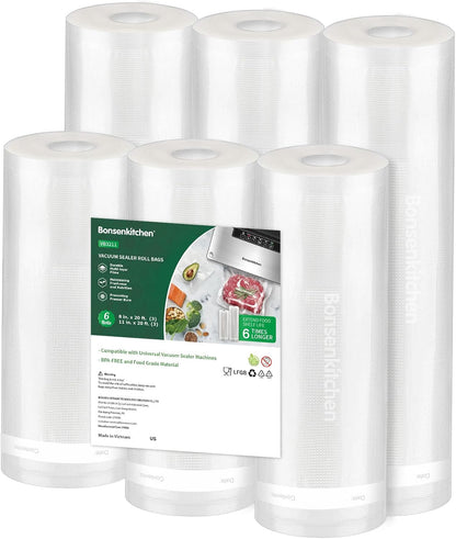 Bonsenkitchen Vacuum Sealer Rolls Bags, 6 Pack 3 Rolls 11" x 20' + 3 Rolls 8" x 20' Commercial Grade BPA Free Bag