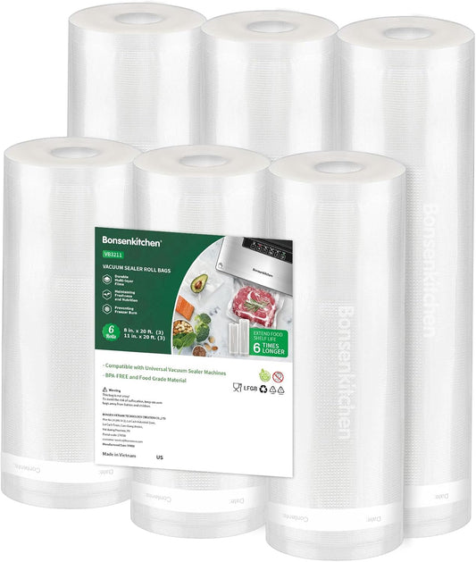 Bonsenkitchen Vacuum Sealer Rolls Bags, 6 Pack 3 Rolls 11" x 20' + 3 Rolls 8" x 20' Commercial Grade BPA Free Bag