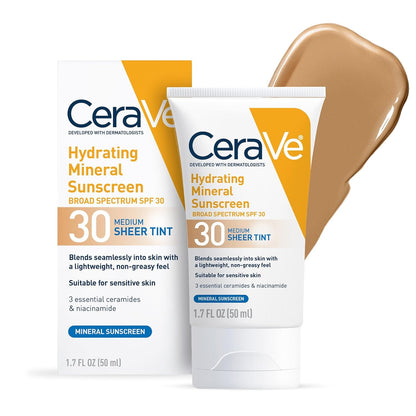 CeraVe Hydrating Mineral Sunscreen SPF 30 with Sheer Tint, Tinted Mineral Sunscreen with Zinc Oxide & Titanium