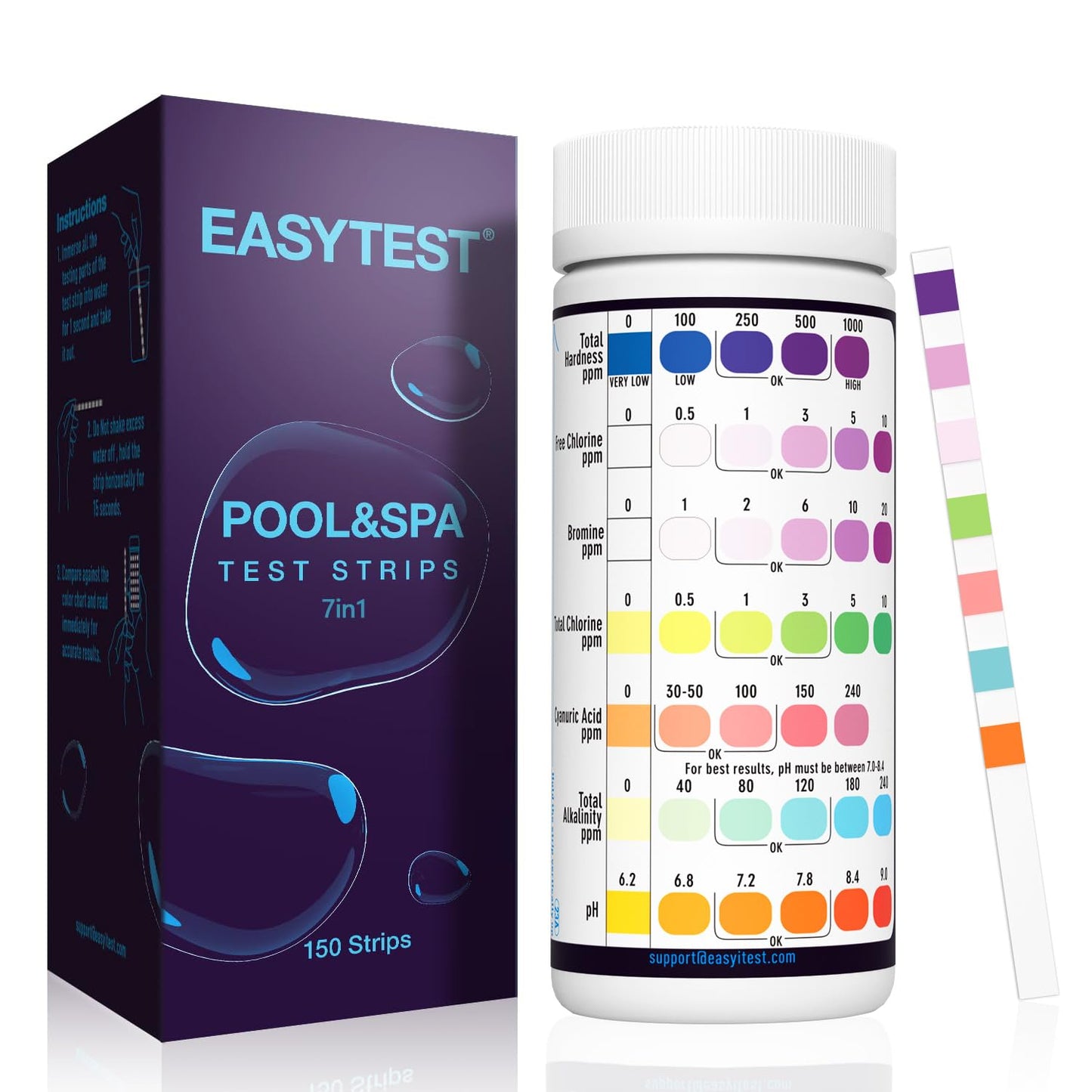 EASYTEST 7-Way Pool Test Strips, 150 Strips Water Chemical Testing for Hot tub and Spa, Accurate Test Bromine, Total Alkalinity, pH, Free