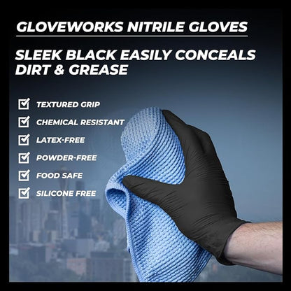 GLOVEWORKS Black Nitrile Gloves 5 Mil Disposable, Latex Free, Textured Grip for Food Service, Cooking, Professional Cleaning