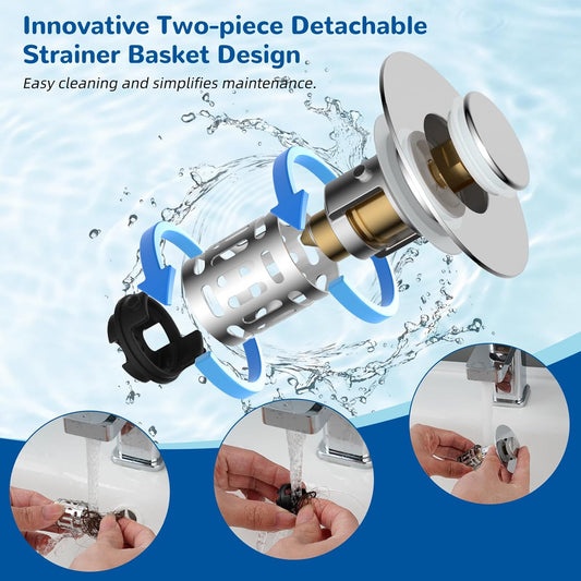 Hibbent Upgraded 3 in 1 Bathroom Sink Drain Strainer, Universal Pop Up Stopper with Removable Stainless Steel Filter Basket Hair