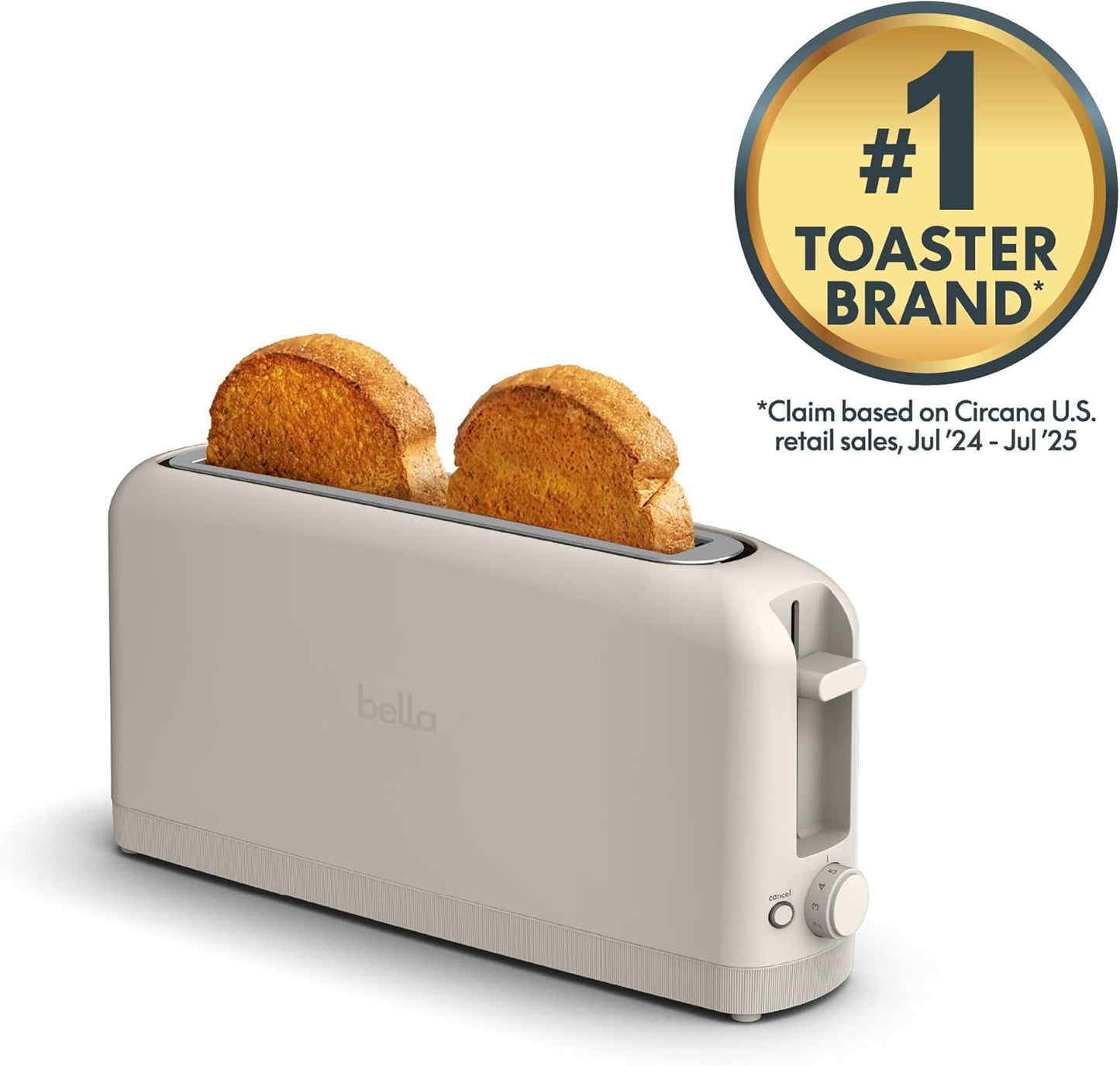 bella 2 Slice Slim Toaster, Fits-anywhere Kitchenware, 6 Setting Shade Control with Reheat & Cancel Buttons, Fits sourdough, 10 Long