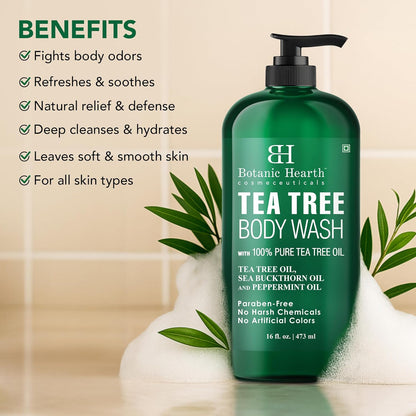 Botanic Hearth Tea Tree Body Wash -16 fl oz- All-Natural Antifungal & Odor-Control Shower Gel for Acne, Athletes Foot