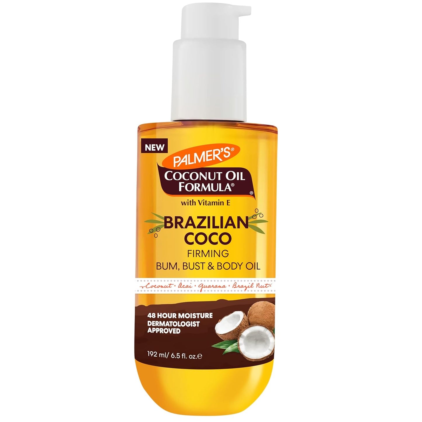 Palmer's Coconut Oil Formula Brazilian Coco Firming Body Oil with Vitamin E, 6.5 Fl Oz, Helps with Skin Tightening & Firming of Bum, Bust &