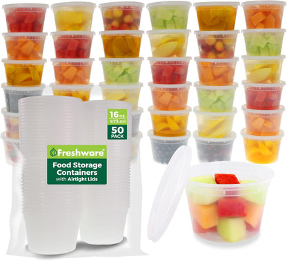Freshware Food Storage Containers [50 Set] 16 oz Plastic Deli Containers with Lids, Slime, Soup, Meal Prep Containers, BPA Free, Stackable