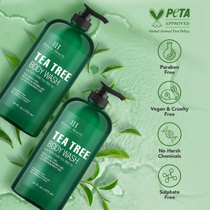 Botanic Hearth Tea Tree Body Wash 16 fl oz (2 Pack) Natural Antifungal & Odor Control Shower Gel for Acne, Athletes Foot, Ringworm, Jock