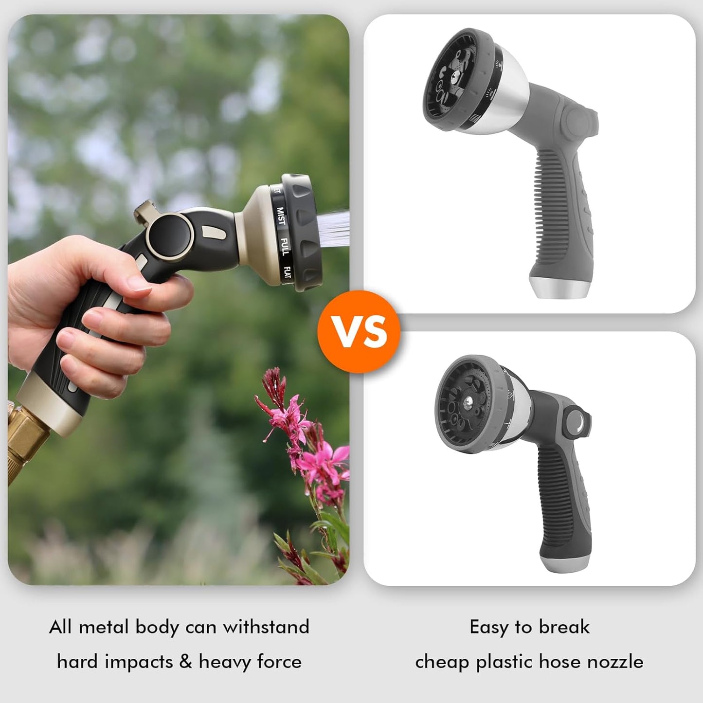 RESTMO Hose Nozzle Heavy Duty, Metal Water Hose Sprayer for Garden, 9 Spray Patterns, High Pressure, Thumb Flow Control, On/Off