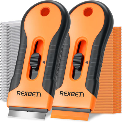 REXBETI Razor Blade Scraper Tool, 2 Pack Razor Scraper Set with Extra 80Pcs Razor Blades -30Pcs Metal and 50Pcs Plastic Blades, Cleaning Scraper