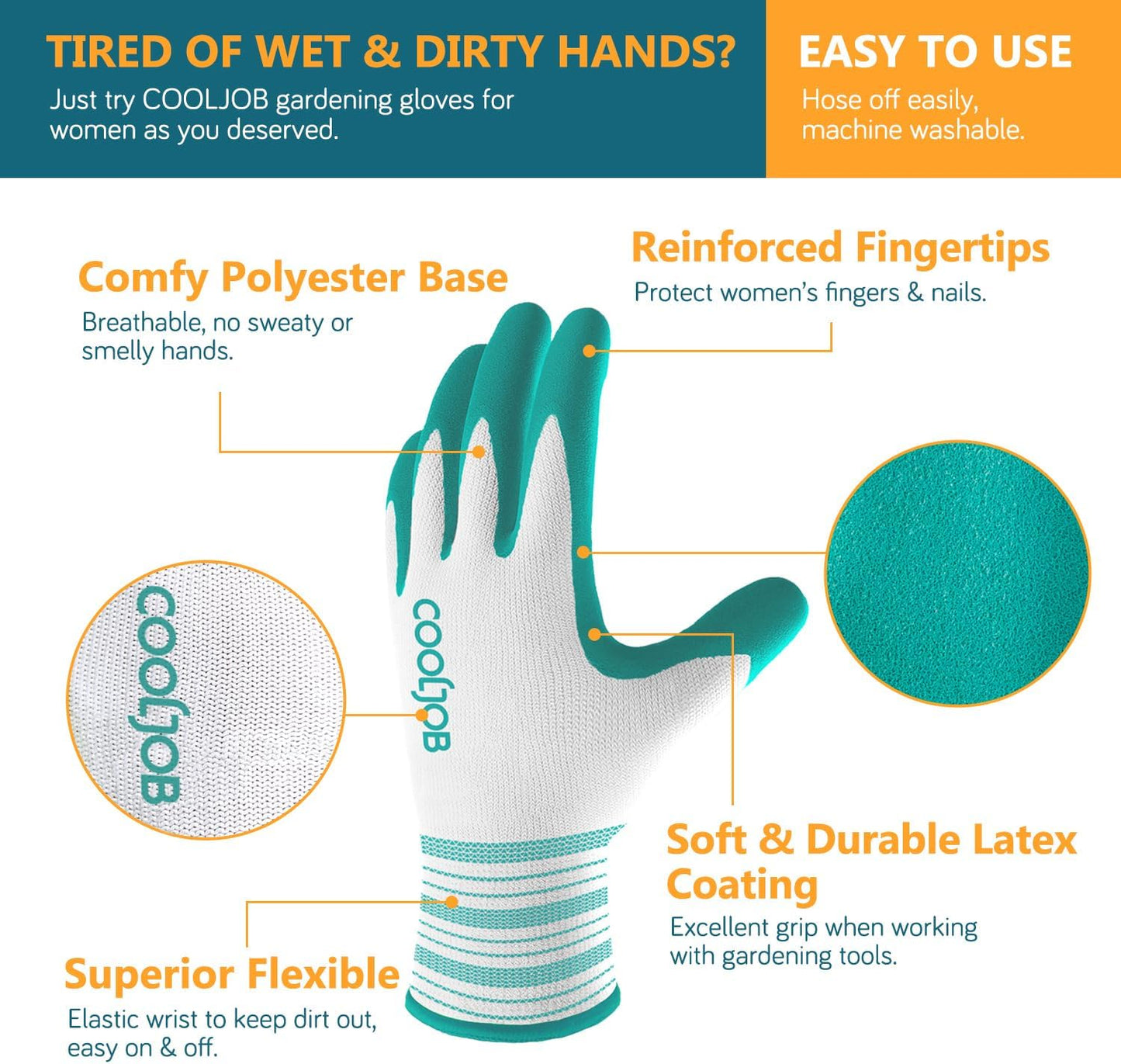COOLJOB 2 Pairs Gardening Gloves for Women Ladies, Breathable Rubber Coated for Yard Garden, Outdoor Indoor Protective Work with Grip, Medium