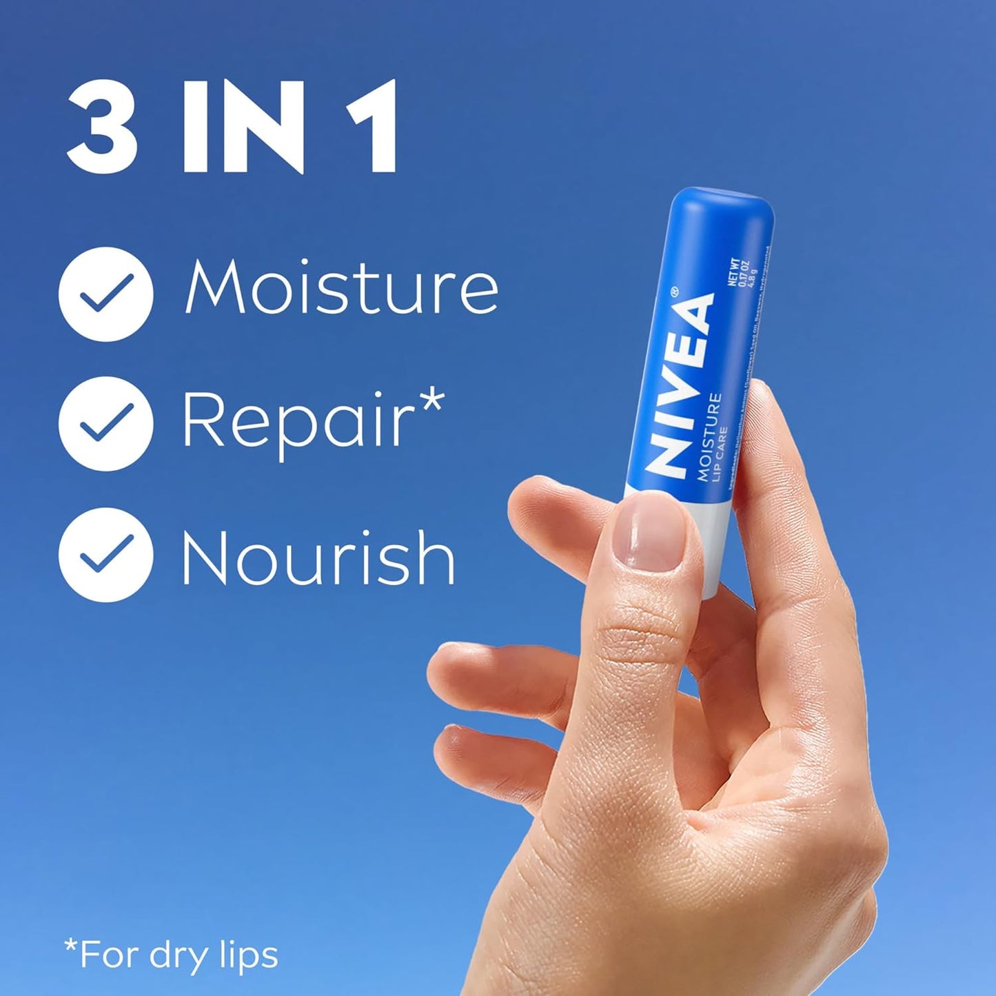 NIVEA Moisture Lip Care, Hydrating Lip Balm with Shea Butter, Nourishing Oils and Vitamin C & E, 3-in-1 Moisture, Repair and Nourish, 0.17 Oz