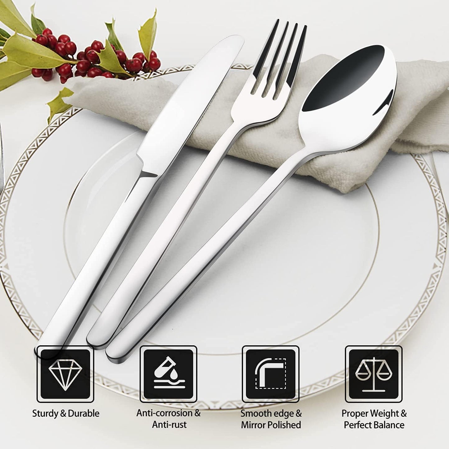 KINGSTONE Silverware Set, 20 Piece Flatware Cutlery Set for 4, 18/10 Stainless Steel Silverware Mirror Polished Dishwasher Safe for Home