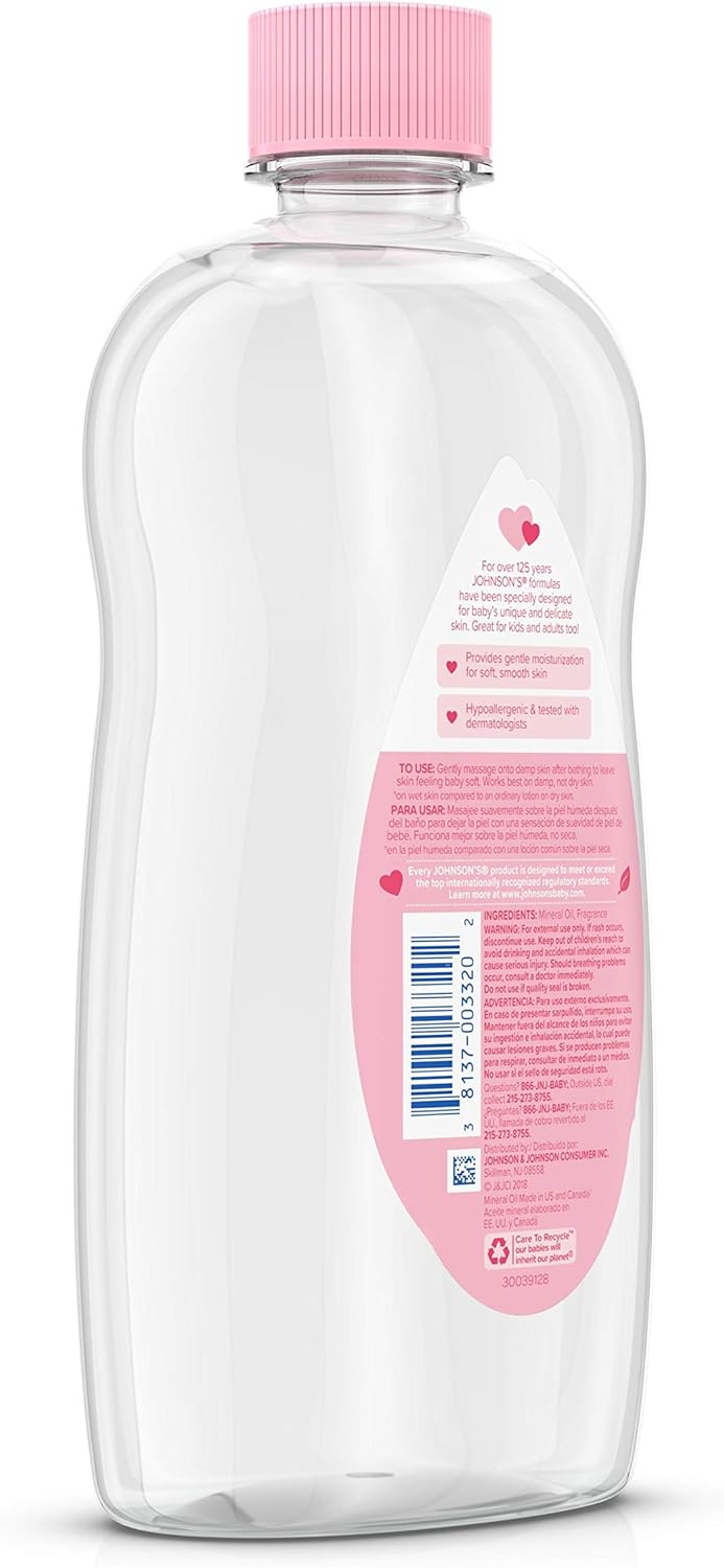 Johnson's Baby Oil, Pure Mineral Oil to help Prevent Moisture Loss for Baby, Kids & Adults, Gentle & Soothing Baby Massage Oil for Dry Skin
