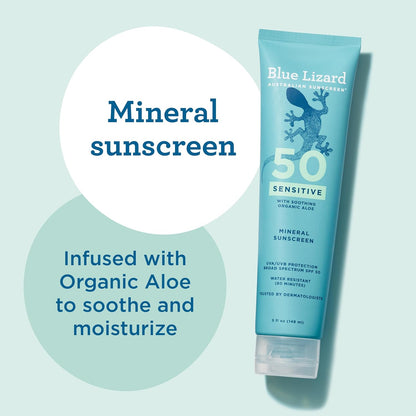Blue Lizard Sensitive Mineral SPF 50 Sunscreen Lotion, 100% Mineral Sunscreen, UVA/UVB Protection, Infused with organic Aloe