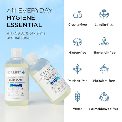 DR. LIFT Antibacterial Body Wash, Refreshing Scent, Hydrating Shower or Bath Cleanser With Citric Acid, Spirulina, and