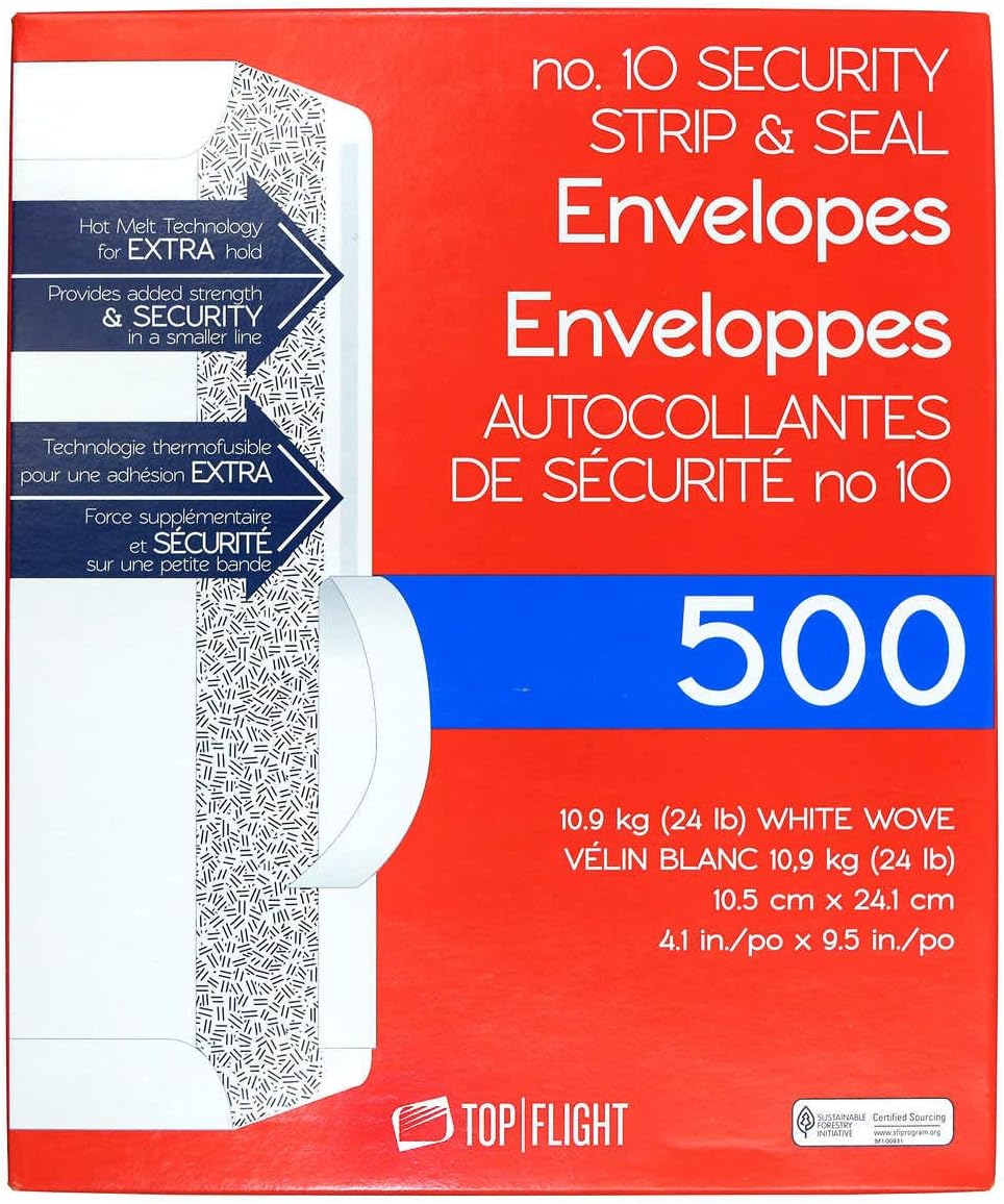 Top Flight PSTF10NWT Envelopes, Strip & Seal, Security Tinted, White Paper, 24 lb, 500 Count