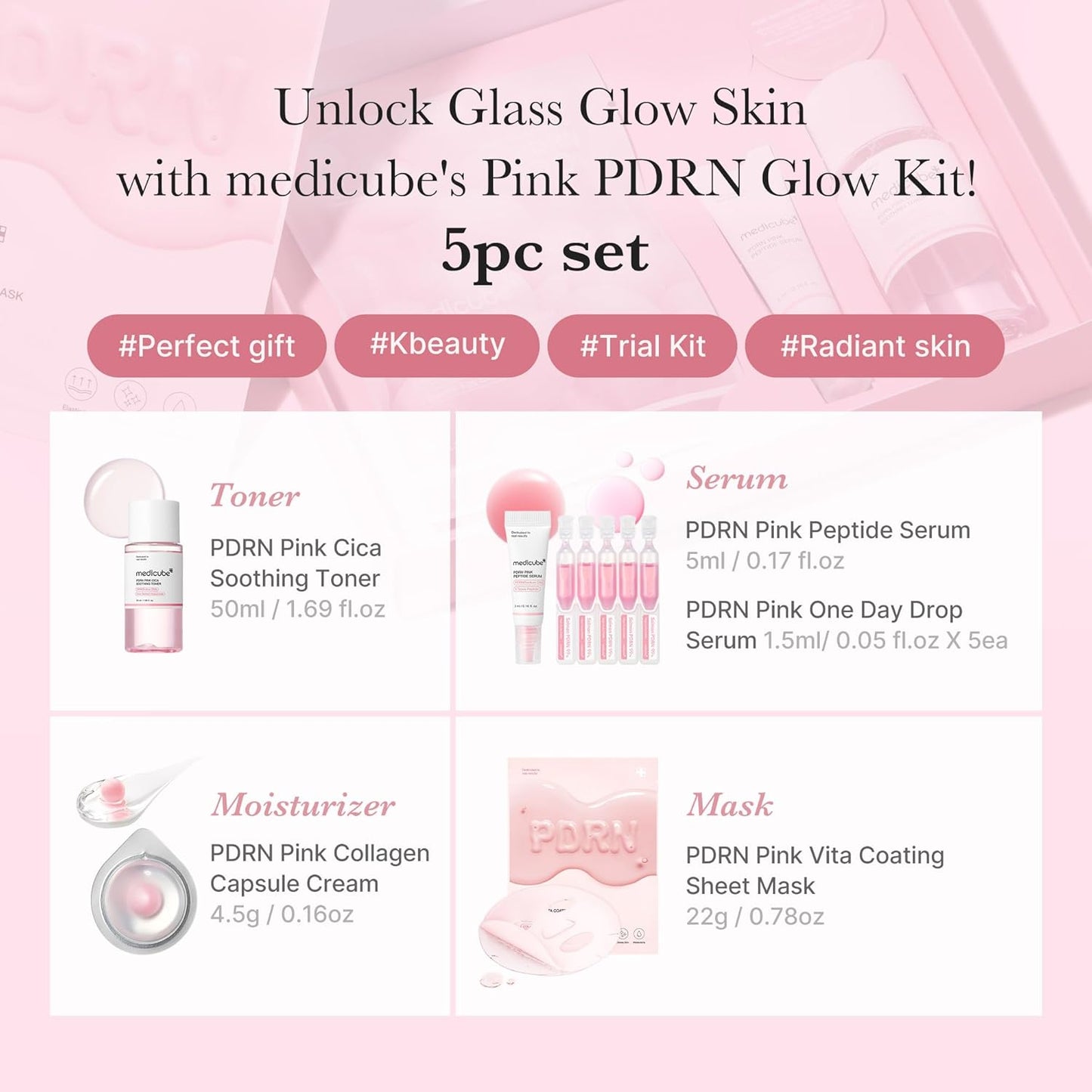 medicube Salmon DNA PDRN Trial Kit, Glass Glow Mini Skincare Set with Toner, Serum & Sheet Mask for Hydrating