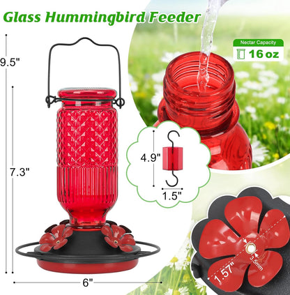 FEED GARDEN Glass Hummingbird Feeder, 16oz Outdoor Hanging Bird Feeder with Ant Moat, 4 Bee-Proof Feeding Ports, 360 Perch, Leak-Proof, Red