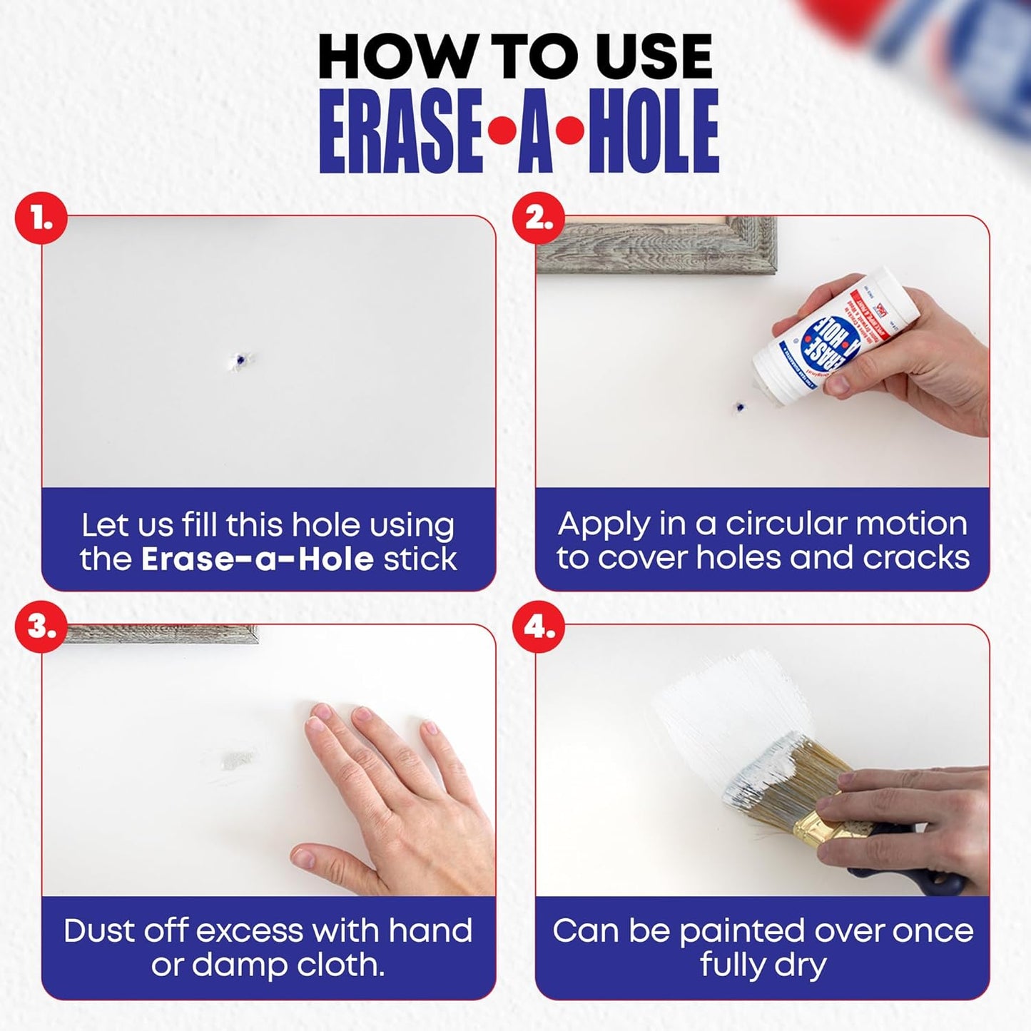 Erase-A-Hole Wall Repair Stick Quick-Dry Nail & Screw Hole Filler for Drywall, Wood & Plaster No Sand Spackle Alternative, Paintable Putty, 4.5 oz