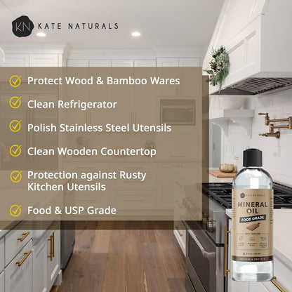Kate Naturals Mineral Oil for Wood Cutting Board, Butcher Block, and Knife. Food Grade Mineral Oil for Wooden Cutting Board & Utensils