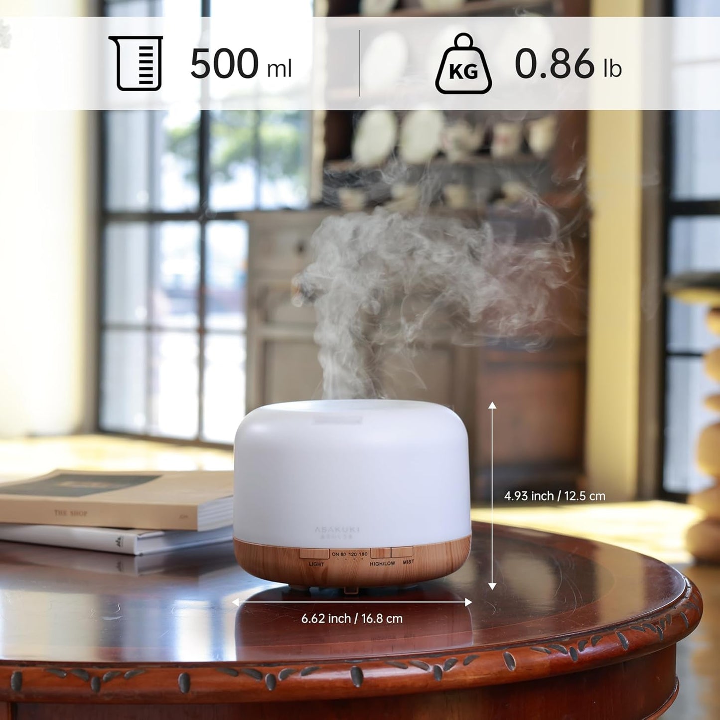 ASAKUKI Essential Oil Diffuser for Home, 500ML Aromatherapy Diffuser Humidifier with Remote Control, 7 Color LED