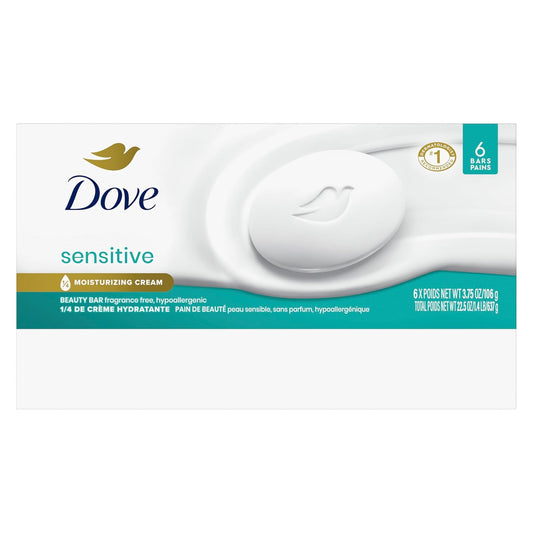 Dove Beauty Bar Soap Sensitive, 6 Bars for Sensitive Skin, Fragrance Free and Hypoallergenic 3.75 oz