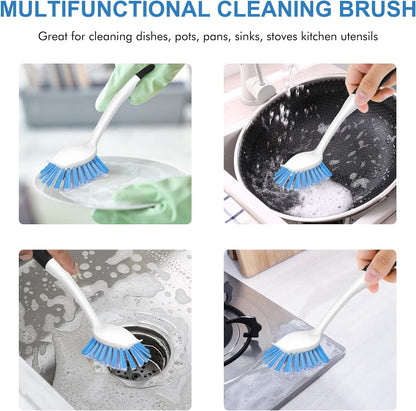 SetSail Dish Brush with Handle, 2 Pack Stiff Bristles Dish Scrubber with Built-in Scraper Dish Scrub Brushes for Cleaning Dishes, Pots and