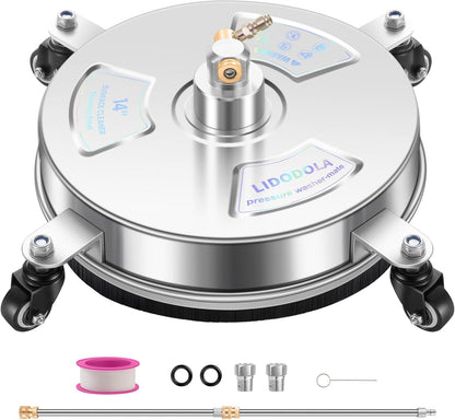 14" Pressure Washer Surface Cleaner with 4 Wheels - Stainless Steel Surface Cleaner for Pressure Washer Attachment for Concrete, Patio