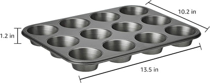 Amazon Basics Nonstick Muffin Pan, Set of 2, Sturdy, Oven Safe, Bakes Evenly, Easy to Clean, 12 Cups, Gray, 13.9x10.55x1.22"