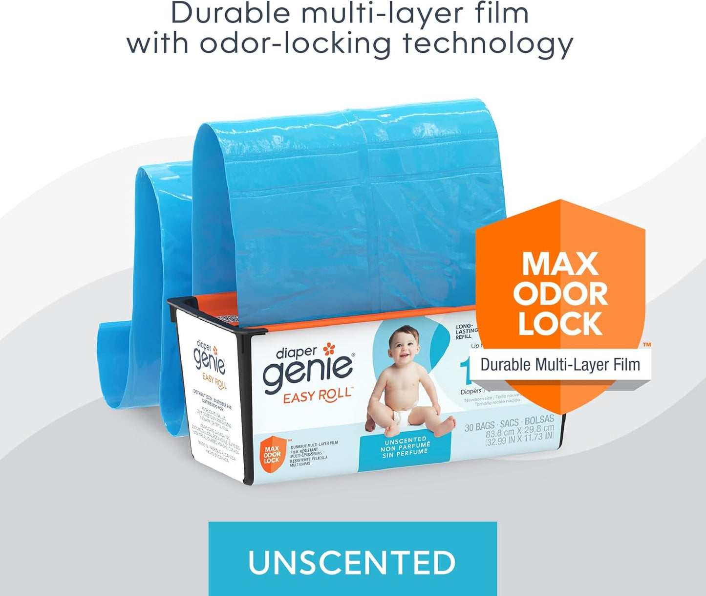 Diaper Genie Easy Roll Refill, 30 Bags Per Refill, Holds Up to 1410 Newborn Diapers, Odor Control, Diaper Pail Refill