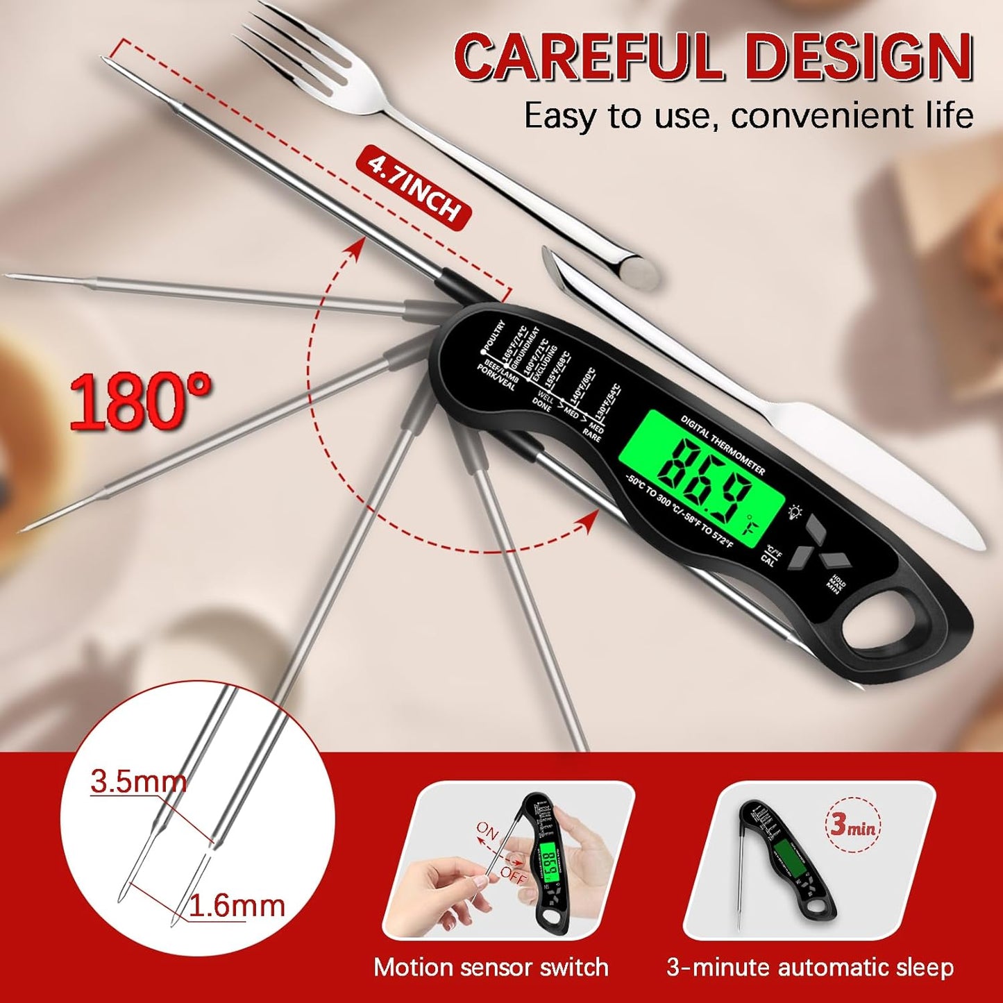 Meat Thermometer DigitalIP67 Waterproof Cooking Thermometer with Backlight, Calibration & Hold FunctionFood Thermometer for Cooking,Outdoor Grilling