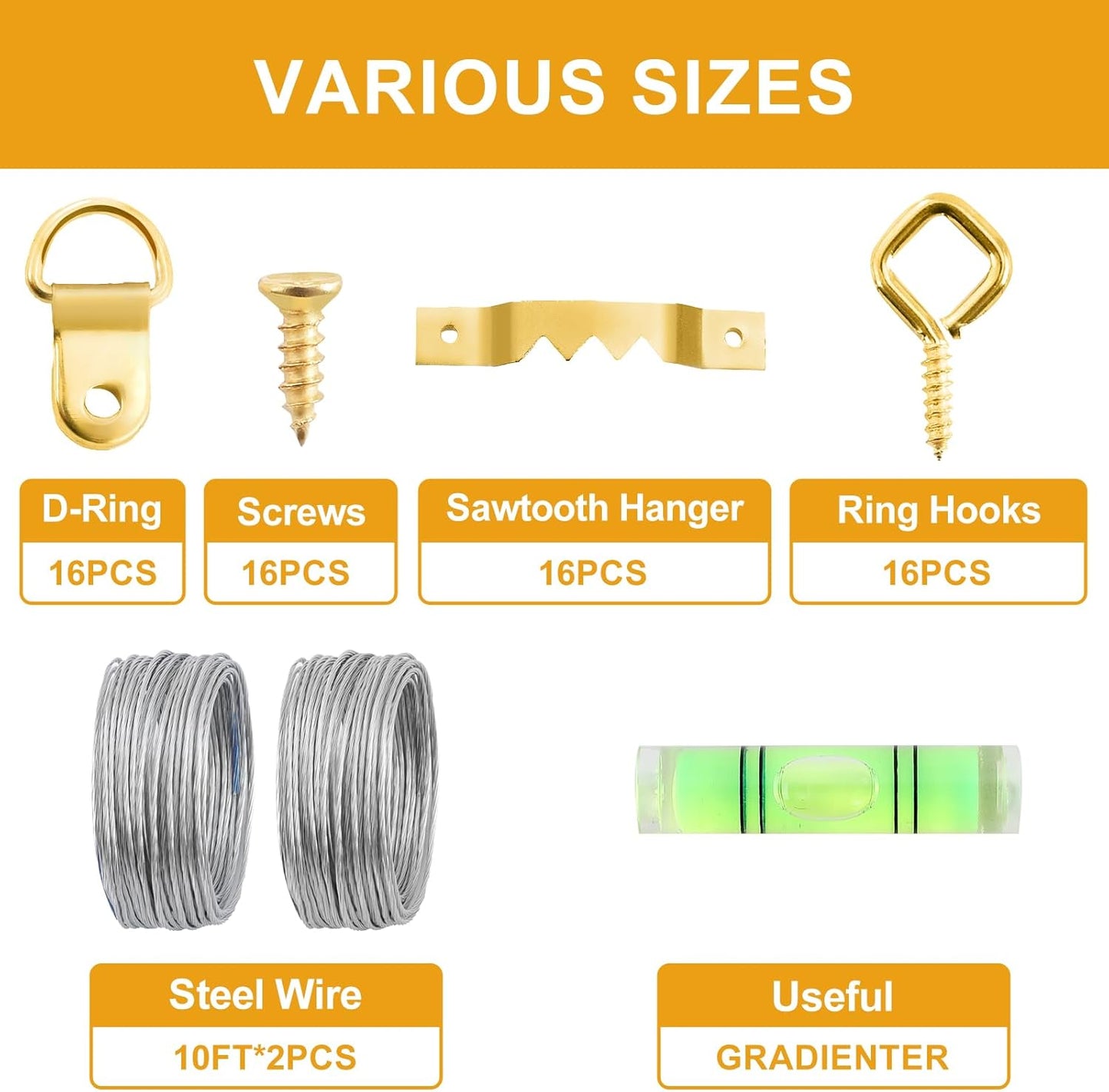 KURUI 303Pcs Picture Hanging Kit, Picture Hangers Assorted Kit with Heavy Duty Picture Hanging Hooks/Hardware Nails/Sawtooth/Wire/D