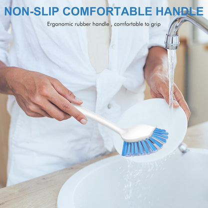 SetSail Dish Brush with Handle, 2 Pack Stiff Bristles Dish Scrubber with Built-in Scraper Dish Scrub Brushes for Cleaning Dishes, Pots and