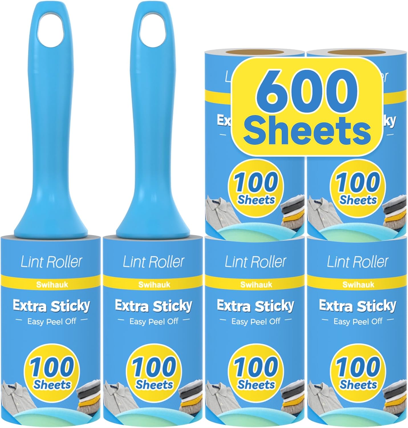 Swihauk 600 Sheets Extra Sticky Lint Rollers for Pet Hair, Easy Spiral Tear Lint Roller for Clothes with Ergonomic