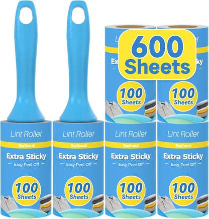Swihauk 600 Sheets Extra Sticky Lint Rollers for Pet Hair, Easy Spiral Tear Lint Roller for Clothes with Ergonomic
